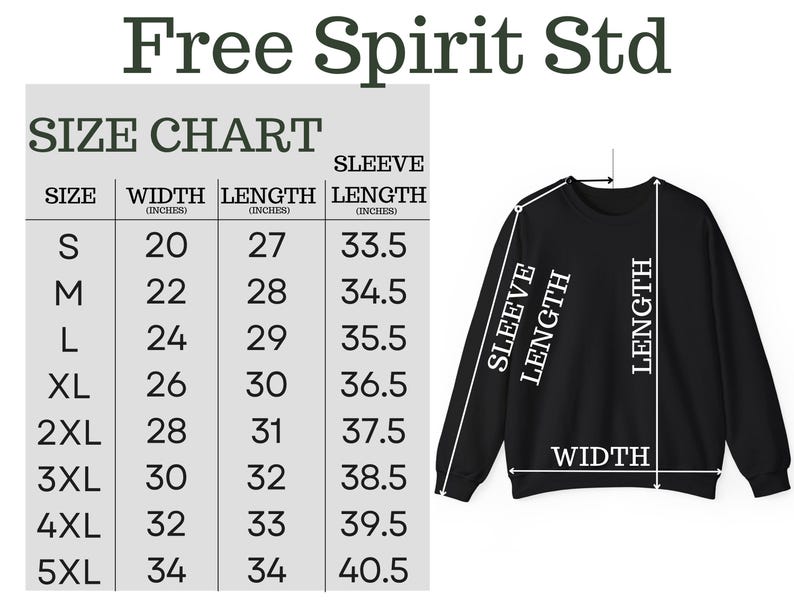 Pode incluir: Camisola preta com tabela de tamanhos. A tabela mostra as medidas em polegadas para largura, comprimento e comprimento da manga, do tamanho S ao 5XL. O texto "Free Spirit Std" est&aacute; no topo.