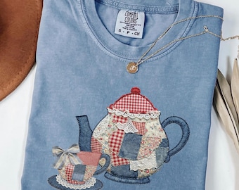 Comfort Colors® Faux Patchwork Cottagecore Tea Set Shirt, Farmhouse Teapot T-Shirt, Floral Thrifted Tea Party Tee