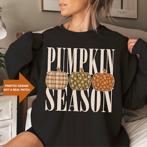 Felpa con finta patchwork a tema zucca, maglietta autunnale, girocollo per il Giorno del Ringraziamento, maglione autunnale