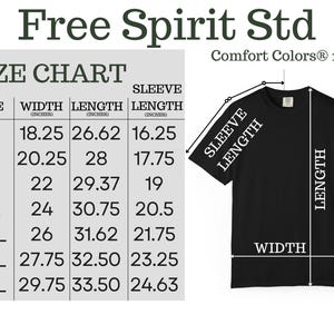 May include: A black t-shirt with a size chart displaying width, length, and sleeve length in inches for sizes S through 4XL. The text reads Free Spirit Std and Comfort Colors 1717, with arrows indicating measurement points on the shirt graphic.