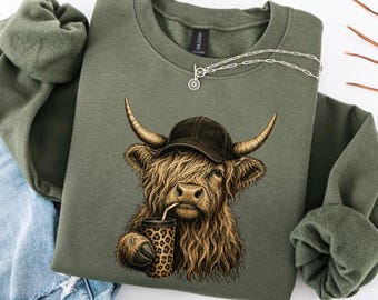 Highland Cow Sweatshirt, Farm Rustic Shirt, Leopard Coffee Western Cowgirl Crewneck