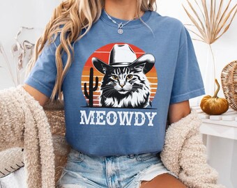 Meowdy Cowboy Cat Comfort Colors T-Shirt, Western Cat Meme Tee