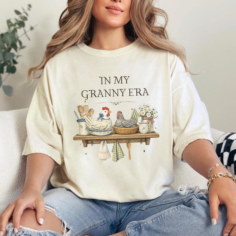 Comfort Colors® In My Granny Era Shirt, Vintage Farmhouse Chicken T-Shirt, Grandma Cottagecore Gift image 1
