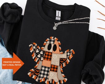 Faux Patchwork Ghost Sweatshirt, Gingham Lace Fringed Halloween Shirt, Fall Sweater, Spooky Season Crewneck