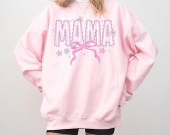 Mama Sweatshirt, Pink Bow Crewneck for Moms, Gift for Mom, Stylish and Comfy Mama Shirt, Pregnancy Announcement