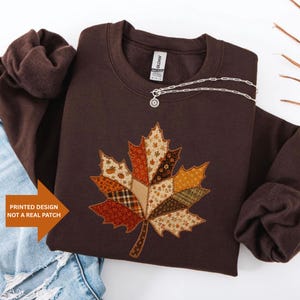 Faux Patchwork Leaf Sweatshirt,  Retro Autumn Sweater, Cozy Fall Season Hoodie