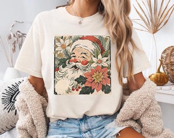 Comfort Colors® Vintage Santa T-Shirt, Retro Santa Claus Shirt, Retro Santa Xmas Tee, Floral Christmas Shirt