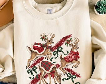 Christmas Reindeer Sweatshirt, Three Festive Reindeer Graphic Shirt, Vintage Holiday Deer Crewneck, Reindeer Lover Xmas Gift