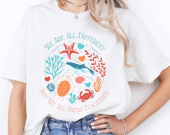 T-shirt we allemaal samen zwemmen - vier diversiteit, shirt neurodiversiteit, cadeau leraar, T-shirt speciaal onderwijs leraar, Unity-kleding