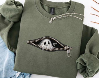 Zipper Ghost Halloween Sweatshirt, Spooky Season Crewneck, Boo Sweater