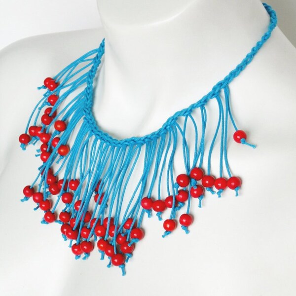 teal and red bib necklace, fringe jewelry, boho chic, summer fashion, color block, bright color statement necklace