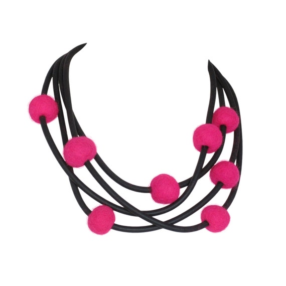 bright pink long necklace, stylish felt jewelry, edgy design