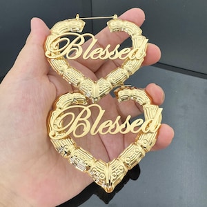 Custom Heart Bamboo Hoop Earrings,Personalized Earrings,Name Bamboo Earrings,Gold Name Earrings,Nameplate Hoops,Mom Earrings,Gifts For Her