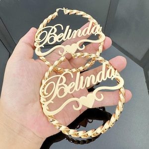 Custom Name Earrings,Twist Hoop Earrings,Gold Name Earrings,Large Hoop Earrings,Gold Nameplate,Personalized Hoops,Name Jewelry,Mom Gifts
