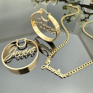 Custom Name Jewelry Set,Name Earrings,Large Hoop Earrings,Name Necklace Set,Name Plate,Gold Name Earrings,Personalized Jewelry Set,Mom Gifts