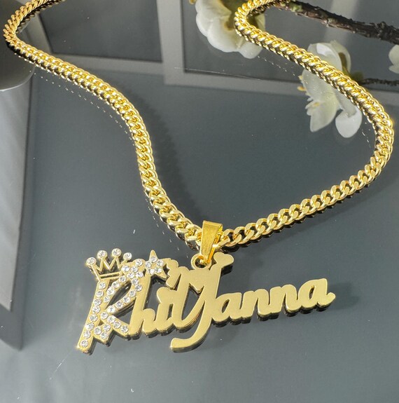 Custom Pave Diamond Name Necklace: Gold Cuban Chain, Personalized