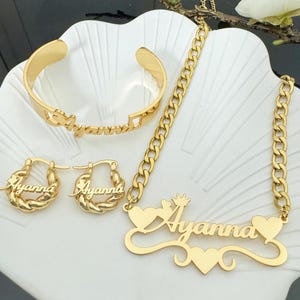 Custom Baby Jewelry Set,Name Necklace Set,Gold Name Earring,Name Becelet Gold,Gold Name Necklace,Gold Twist Hoops,Personalized Gift For Kids