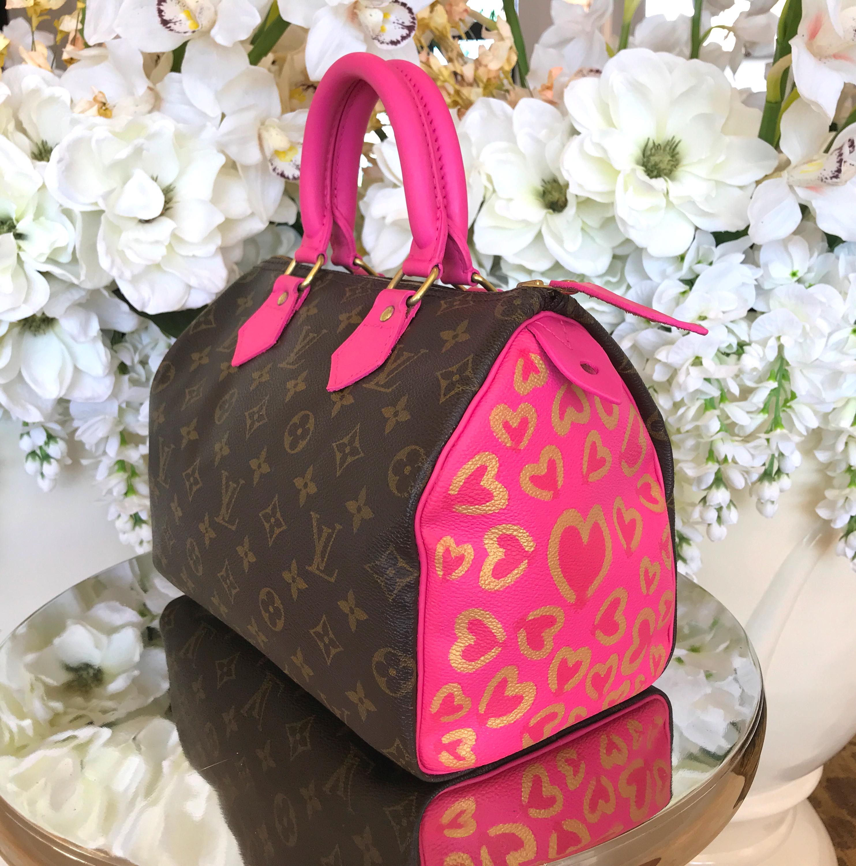 Louis Vuitton Genuine Speedy 25 Monogram Handbag With Custom Painted Pink Handles and Leopard Gold Heart Pattern.