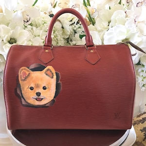 Louis Vuitton Genuine Speedy 30 Brown Leather Handbag With Custom Painted Pomeranian Puppy.