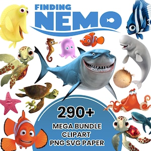 May include: A digital graphic collection featuring Finding Nemo characters including a shark, clownfish, sea turtles, a starfish, an octopus, and a beluga whale. The text reads Finding Nemo 290+ Mega Bundle Clipart PNG SVG Paper.