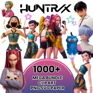 Może przedstawiać: Cyfrowa kolekcja graficzna z tekstem HUNTRIX oraz 1000+ MEGA BUNDLE CLIPART PNG SVG PAPER. Obraz przedstawia różne animowane postacie, w tym piosenkarzy z mikrofonami, niebieskiego kota oraz stylizowane figury w kolorowych strojach.