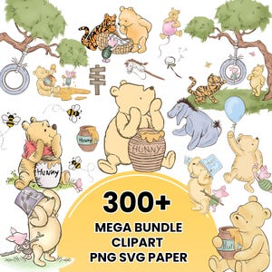 May include: A collection of Winnie the Pooh clipart illustrations. The image features Pooh Bear, Piglet, Tigger, and Eeyore, along with honey pots, balloons, and bees. Text on the image reads "300+ MEGA BUNDLE CLIPART PNG SVG PAPER."