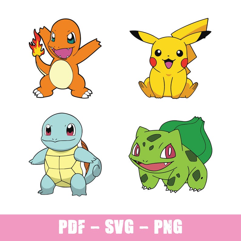 May include: Four cartoon Pokemon characters: a red and orange Charmander, a yellow Pikachu, a blue Squirtle, and a green Bulbasaur. The characters are all in a playful pose, with their signature features clearly visible.