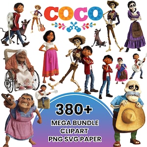 May include: A collection of colorful Coco-themed clipart images. The image features various characters from the movie, including Miguel, skeletons, and other figures. The word "COCO" is displayed in large, colorful letters, along with the text "380+ MEGA BUNDLE CLIPART PNG SVG PAPER."