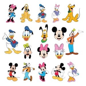 May include: A collection of 18 cartoon characters from Disney, including Mickey Mouse, Minnie Mouse, Donald Duck, Goofy, and Pluto. The characters are depicted in various poses and expressions, with some wearing hats and others holding objects.