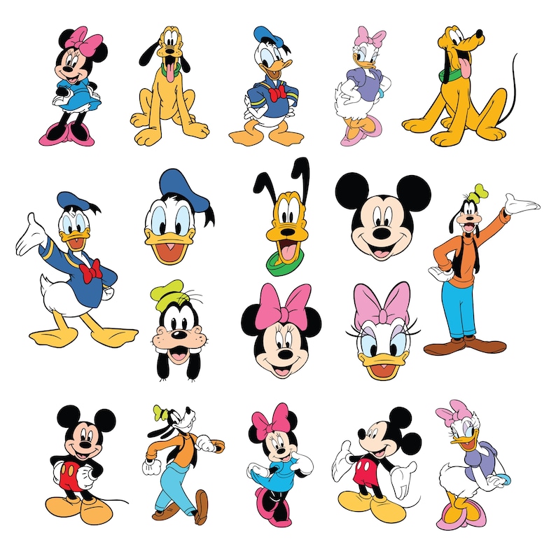 May include: A collection of 18 cartoon characters from Disney, including Mickey Mouse, Minnie Mouse, Donald Duck, Goofy, and Pluto. The characters are depicted in various poses and expressions, with some wearing hats and others holding objects.