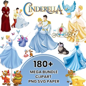 May include: A collection of Cinderella-themed clipart featuring characters like Cinderella, the Prince, the Fairy Godmother, and mice. The image includes a carriage, birds, and the text "180+ MEGA BUNDLE CLIPART PNG SVG PAPER."