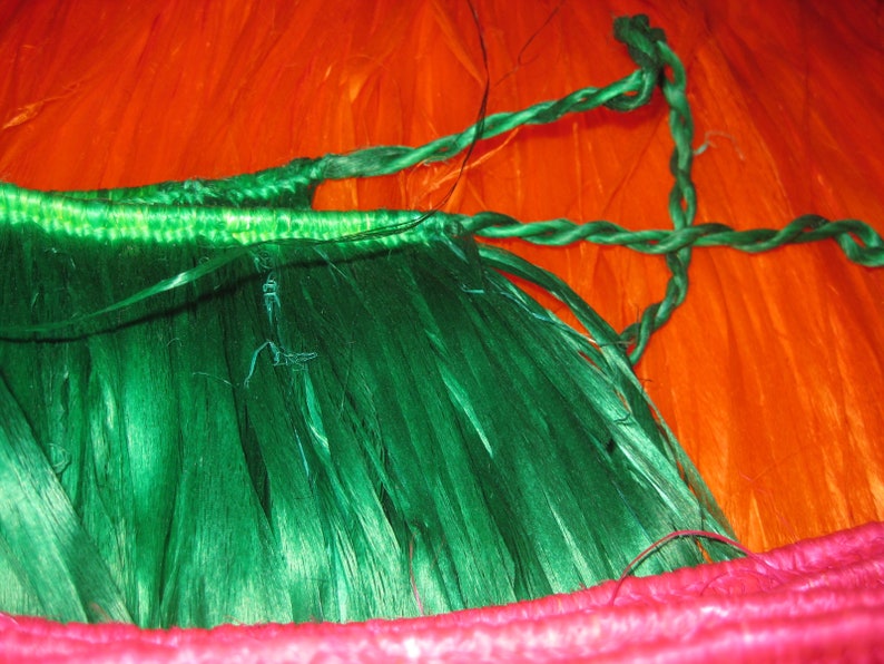 May include: A green grass-like skirt featuring a braided waistband and long, thin, fibrous strands. The skirt is positioned against a bright orange background, with a portion of a pink braided trim visible along the bottom edge of the frame.