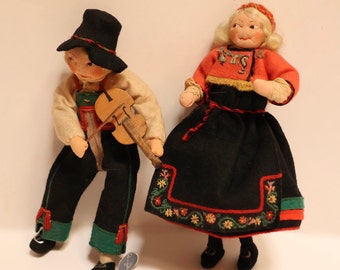 Rønnaug Petterssen Doll Pair Vintage 1930s,  She Is From Heddal & He Comes From Setesdal With His Fiddle