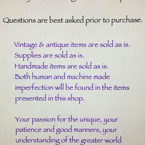 May include: Text on a white background in a variety of fonts. The text includes phrases like "Thank you for reading the full description," "Questions are best asked prior to purchase," and "Vintage & antique items are sold as is."