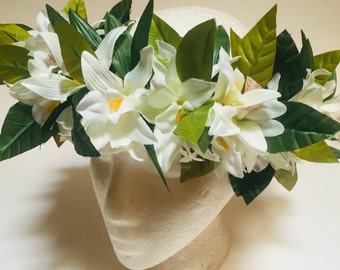Orchid Lei Po'o Hawaiian Flower Crown | Head Garland Greens Floral Wreath For Mother Earth Children Choose With OR Without Flowers