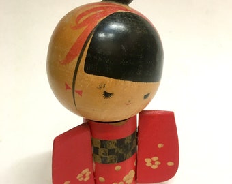 Kokeshi In Furisode Vintage Japanese Wooden Doll Circa Mid Century