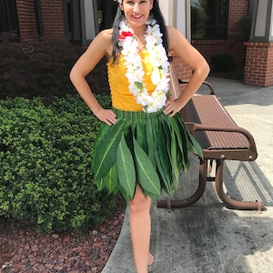 May include: A woman wearing a yellow top, a green leaf skirt, and a white flower lei. She has a white flower in her hair. The outfit is reminiscent of a Hawaiian or tropical theme.