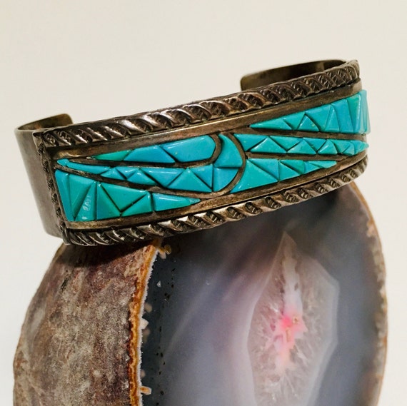 Victor Moses Begay Turquoise Mosaic Inlay Cuff Br… - image 1