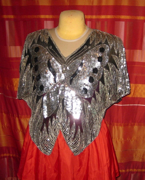 Magical Butterfly Cape Festooned With Sequins | The Vintage Cocktail Poncho | Personal Strobe Light | Gently Worn Opulence Classic 1970s View 3