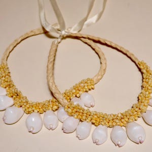 Tahitian Hula Necklace Shell Lei Gift Accessories 2 Pieces Cowrie & Yellow Mongo Popcorn Shells Polynesian Adornments