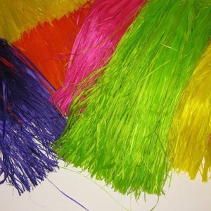 May include: A collection of vibrant, multi-colored raffia-style fringe strips in shades of deep purple, bright lime green, hot pink, orange, and yellow. The material consists of thin, fibrous strands arranged in overlapping layers with a glossy finish.