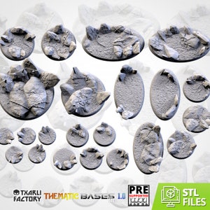 May include: A set of 18 3D printed miniature bases for tabletop games. The bases are designed to represent a rocky, broken terrain. The bases are pre-supported and come in a variety of shapes and sizes.