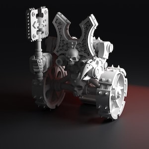Könnte beinhalten: Ein detailliertes 3D-Modell einer Kriegsmaschine. Das Fahrzeug verfügt über stachelige Räder, einen schädelverzierten Schild und einen großen Hammer. Das Design integriert Schädel und komplizierte mechanische Details, was auf ein Fantasy- oder Sci-Fi-Thema hindeutet.