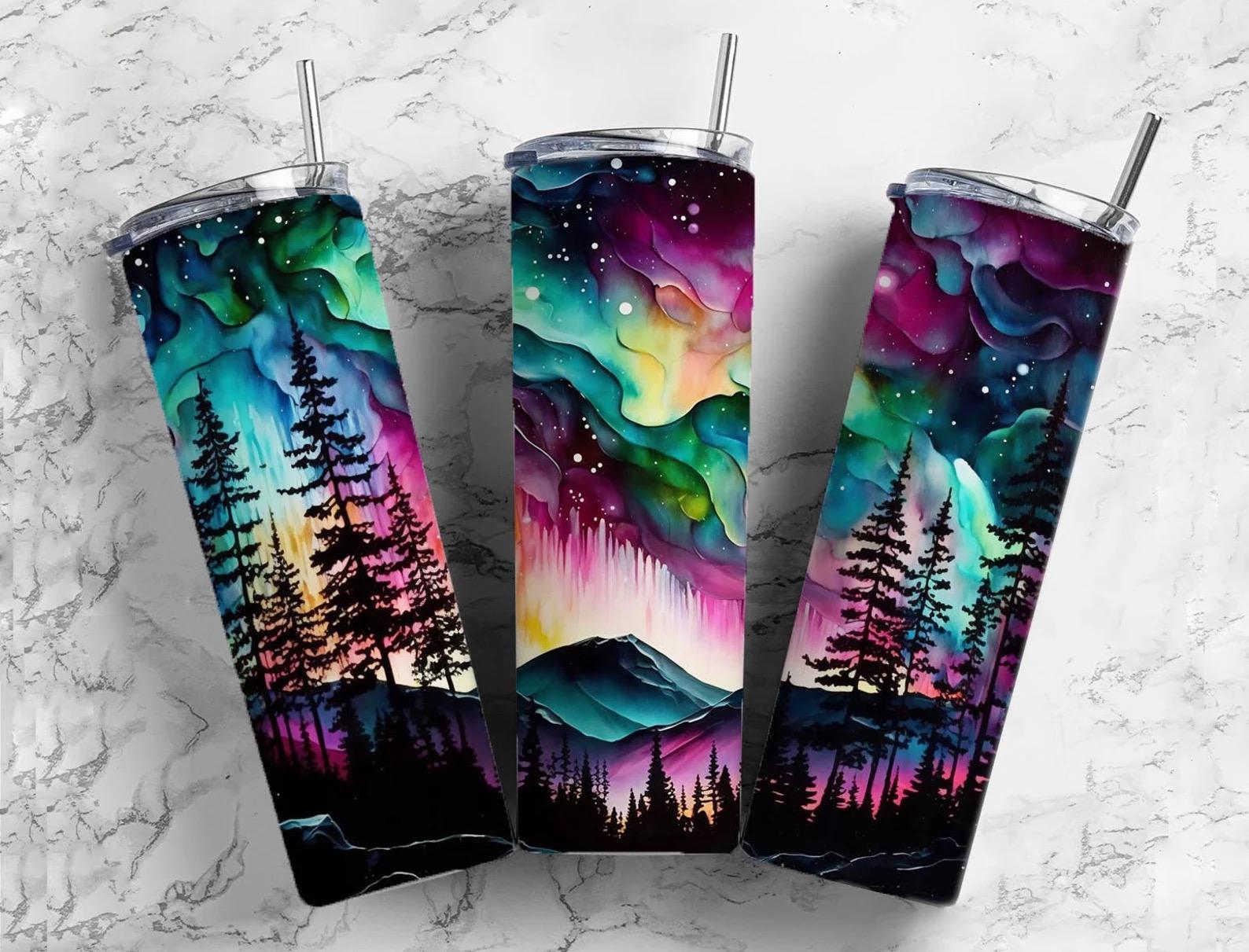 Wrap northern lights mountains, ready to press, sublimation transfer, tumbler, 12oz, 20oz, print out, adult, kids, men, women
