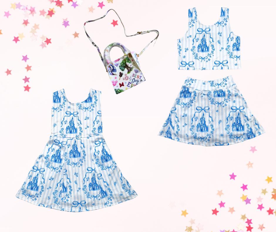 Retro blue coquette castle skort set or dress skort and mini purse, athletic skort, athleisure, kids clothing, top set
