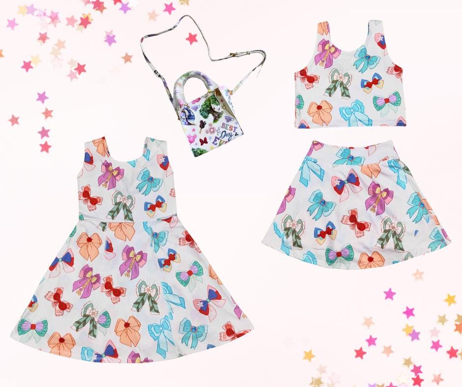 Retro inspired coquette bow skort set or dress skort and mini purse, athletic skort, athleisure, kids clothing, top set
