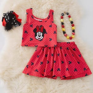 Red Bow Mouse Ears Skort Set – Girls Crop Top & Skirt Outfit – Milk Silk – Limited Quantity