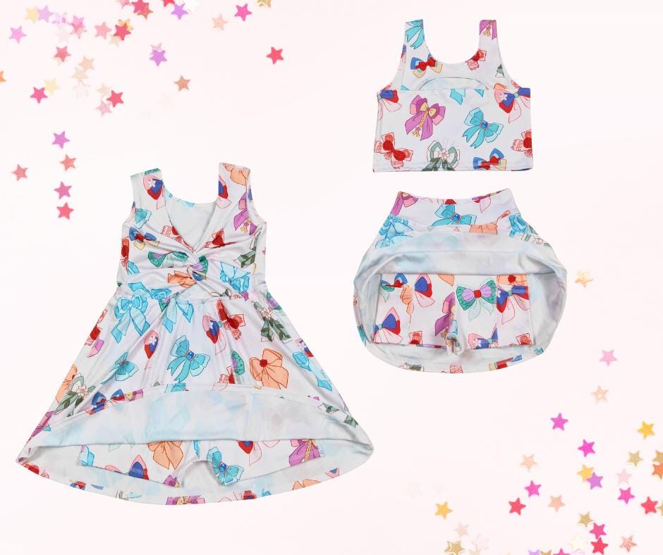 Retro inspired coquette bow skort set or dress skort and mini purse, athletic skort, athleisure, kids clothing, top set - Thumbnail 3