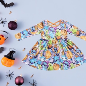 Girls Halloween Dress – Pumpkin Blue Alien | Long Sleeve Fall Outfit | Toddler to Big Girl Sizes