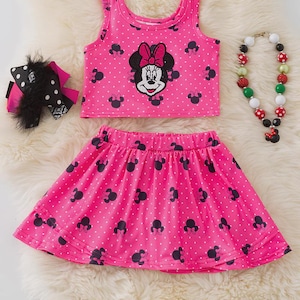 Pink Bow Mouse Ears Skort Set – Girls Crop Top & Skirt Outfit – Milk Silk – Limited Quantity